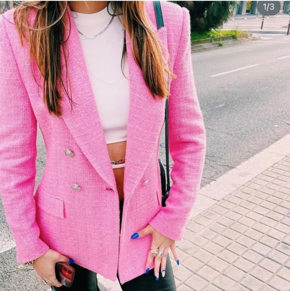 Zara Textured Tweed  Double Breasted  Blazer pink size S - Picture 16 of 17